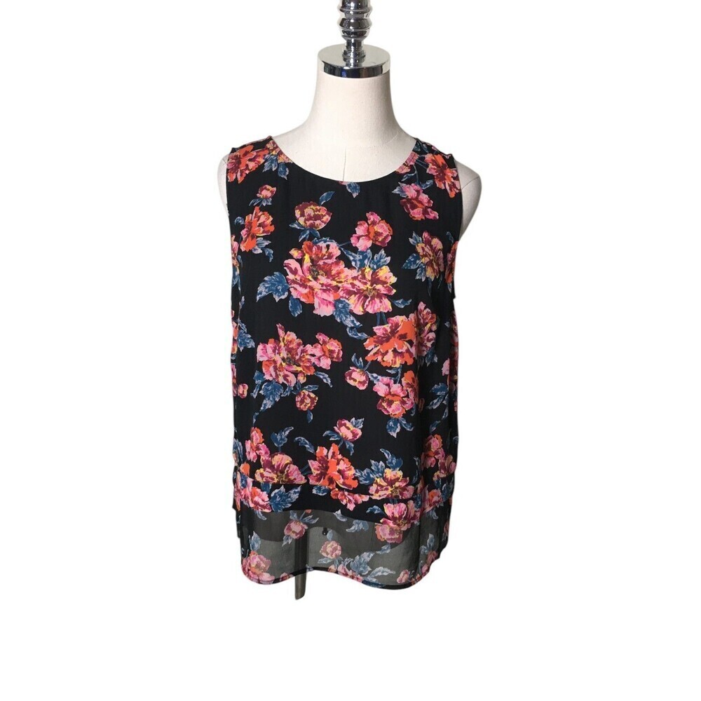 Halogen Top Women's Size Medium Black Pink Floral Sleeveless Layered